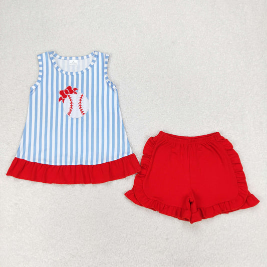 Baby Girl Embroidery Baseball Blue Stripes Tops Red Shorts Set