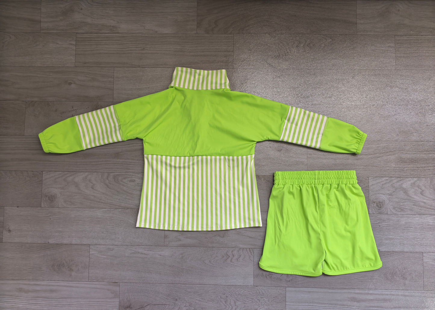 ( No moq ) Preorder Baby Girls Kids Green Stripes Zipper Pullover Shorts Yoga Active Set Clothes
