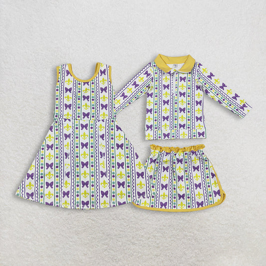 Sibling Baby Girls Kids Mardi Gras Anchors Bows Skort Yoga Active Dress Zipper Set RTS