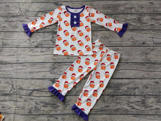 Baby Girl Long Sleeves Christmas Team Tiger Shirt Ruffle Pants Fall Pajamas Set Moq 5