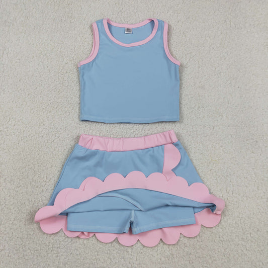 Baby Girls Kids Blue Tops Scallop Skirt Shorts Yoga Active Set Summer Clothes RTS