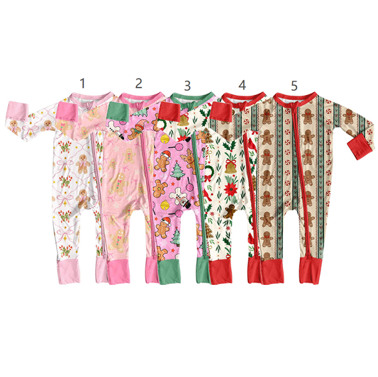 ( Moq 5 Each Style ) Sibling Baby Girls Infant Christmas Bows Gingerbread Zipper Footie Sleeper Rompers Clothes