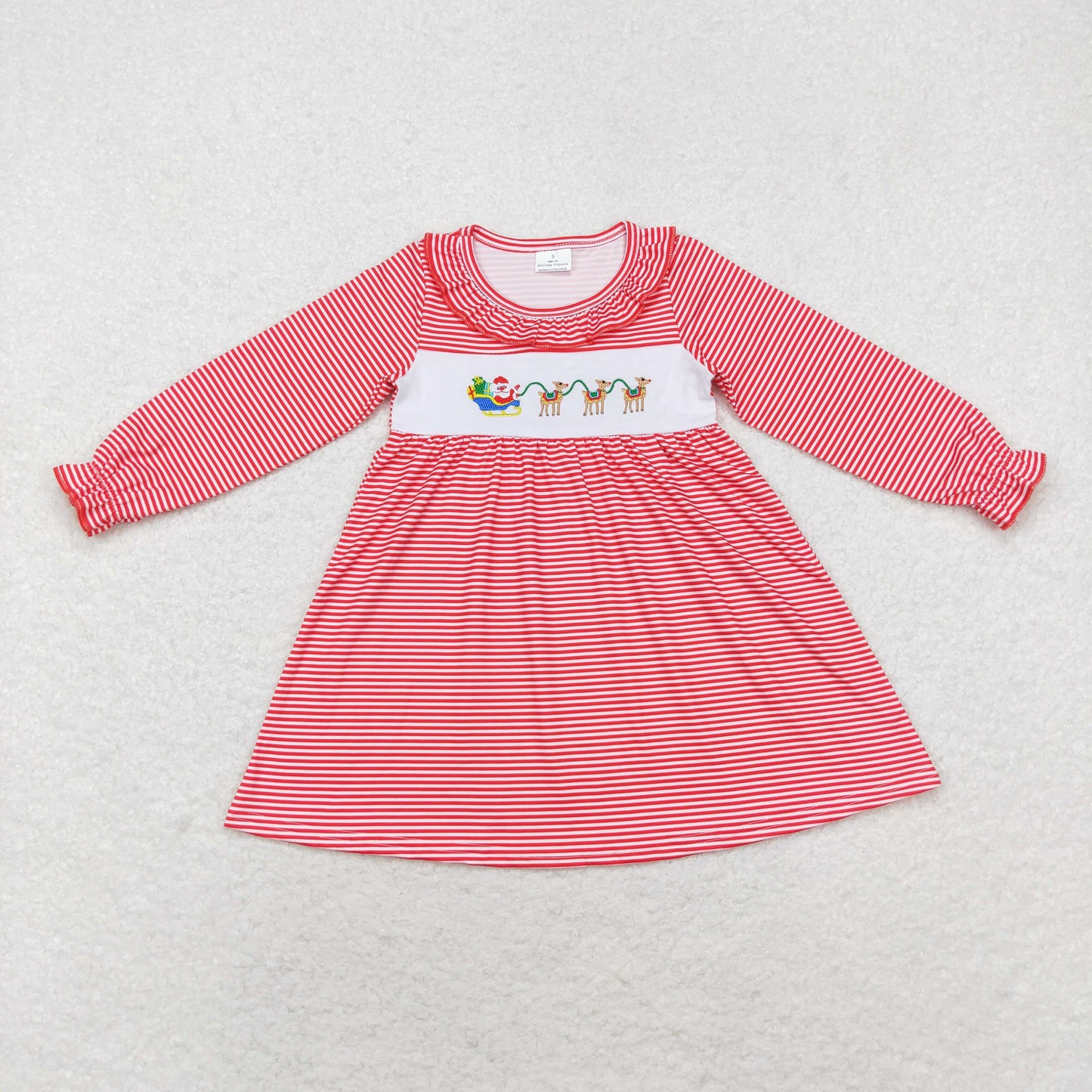 Baby Girl Embroidery Santa Deer Red Stripes Ruffle Dress