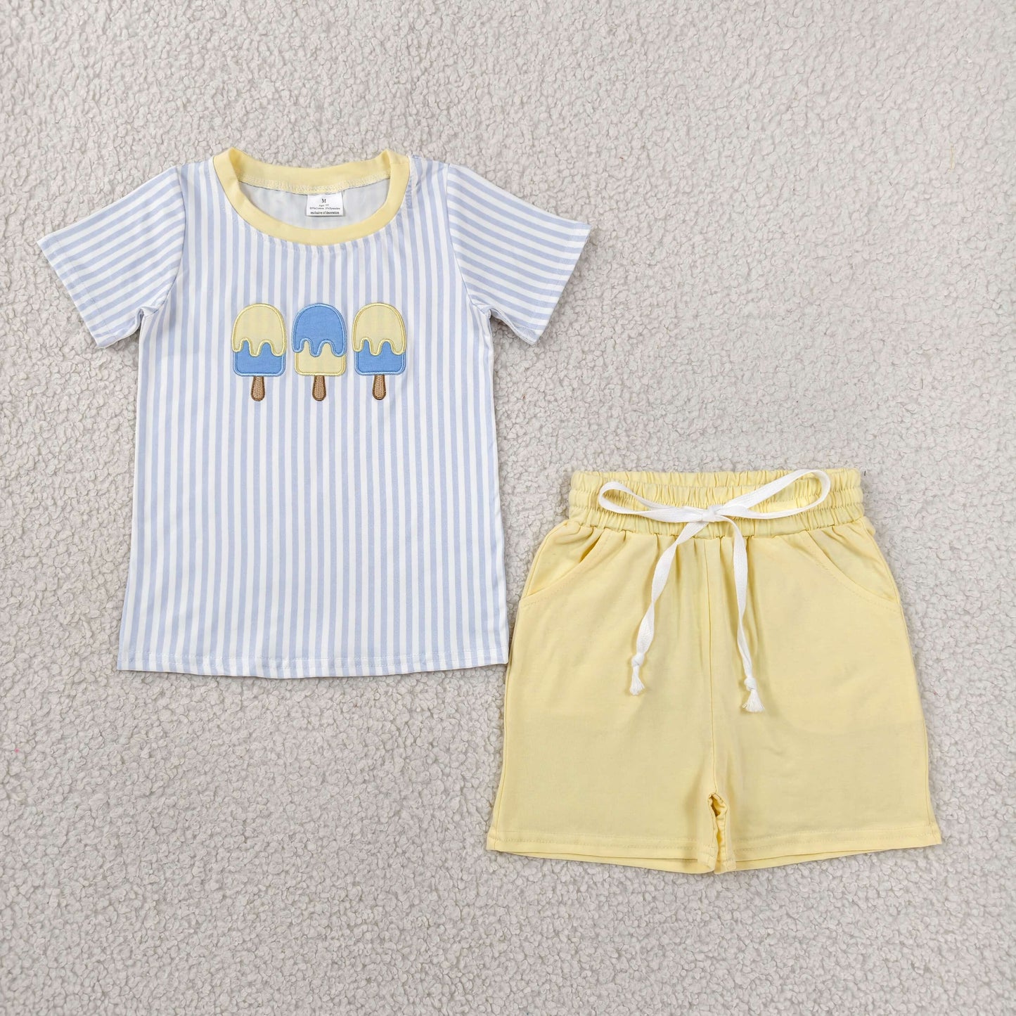 Baby Boys Short Sleeves Embroidery Popsicle Stripes Shirt Yellow Pockets Shorts Set Clothes RTS