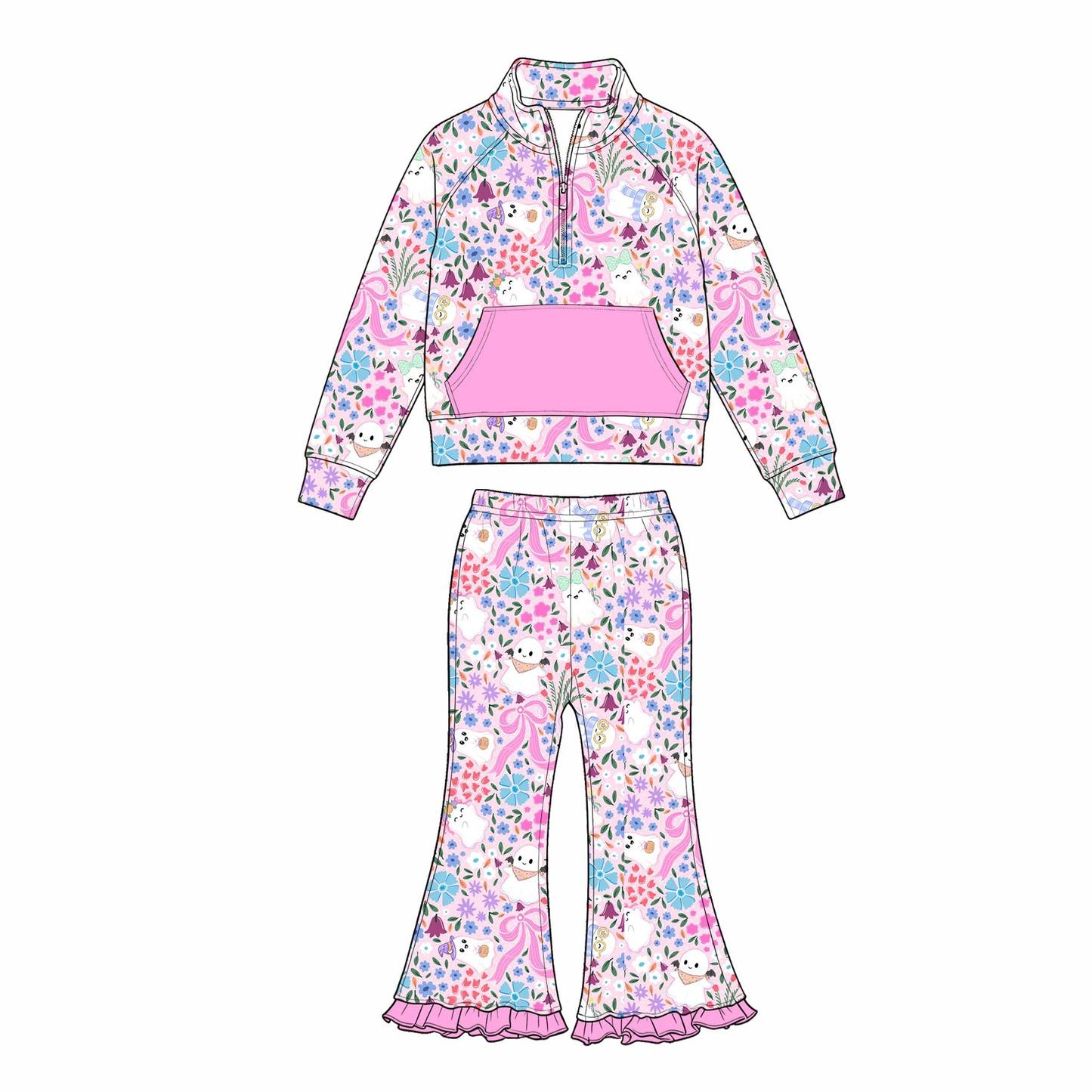( Moq 5 ) Preorder Baby Girls Kids Ghosts Bows Flower Zipper Shirt Pants Set Clothes