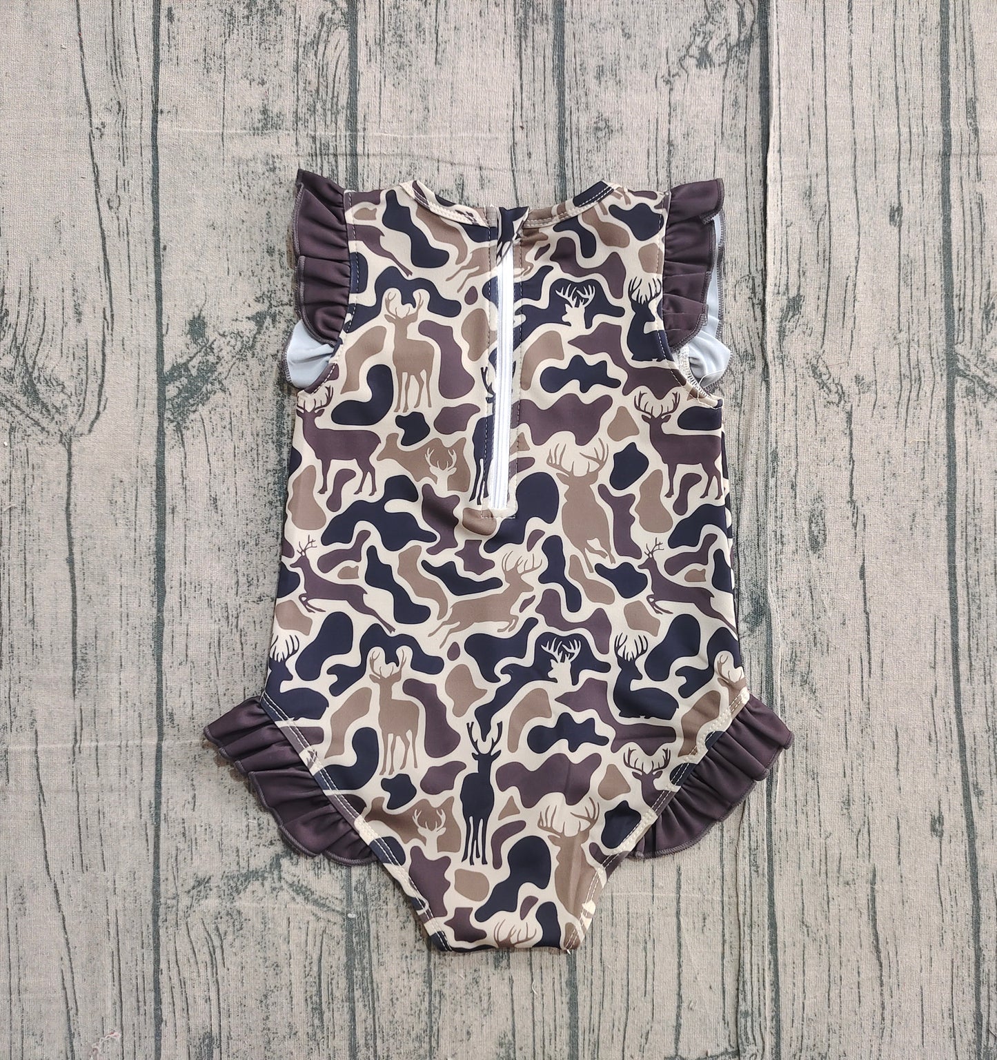 Baby Girls Kids Short Sleeves Deer Camo Ruffle One-piece Swimsuit RTS