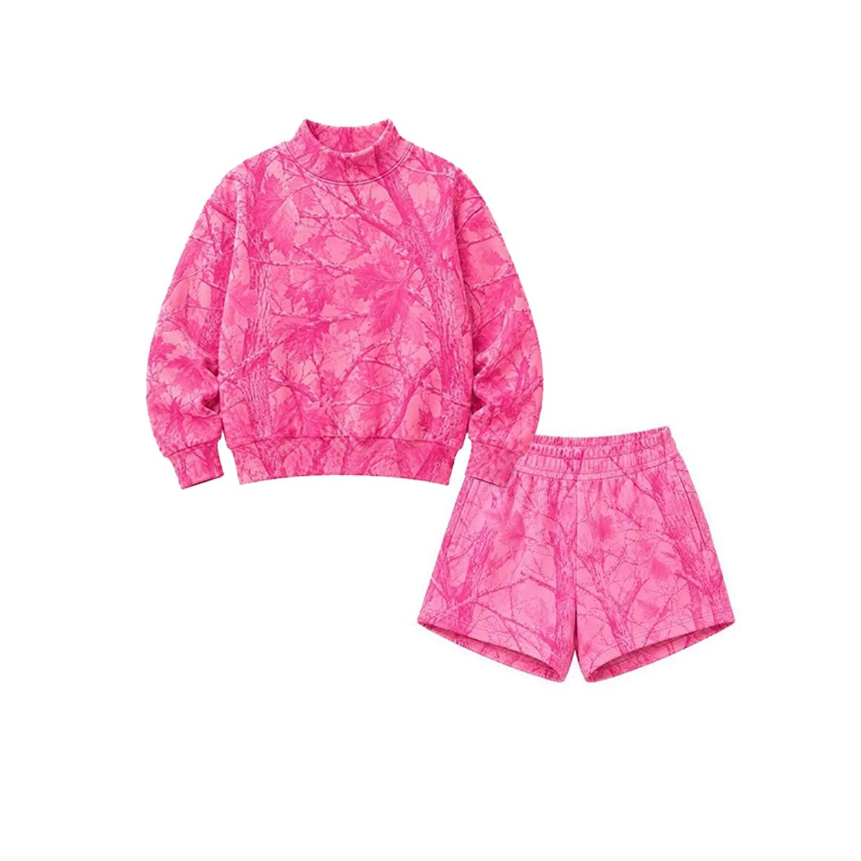 ( Moq 5 ) Preorder Adult Women Pink Long Sleeves Leaves Shirt Pockets Shorts Camo Set Clothes