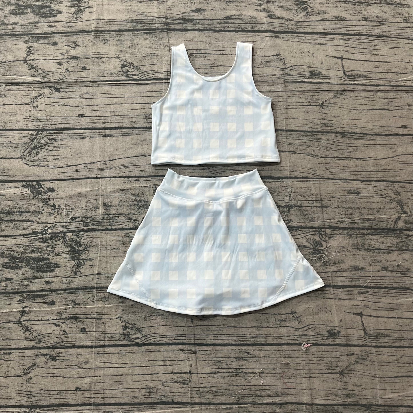 ( No moq ) Preorder Baby Girls Kids Blue Plaid Tops Skirt Shorts Yoga Summer Set