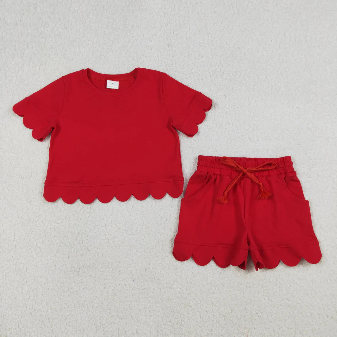 Sibling Baby Girls Adult Women Short Sleeves Red Cotton Shirts Shorts Scallop Sets Summer Clothes RTS