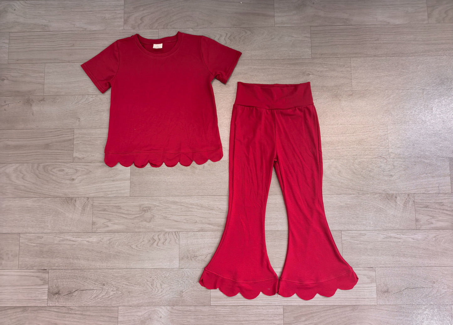 ( No moq ) Preorder Baby Girls Kids Short Sleeves Red Shirt Pants Scallop Set Clothes