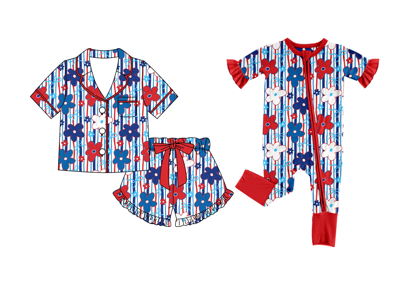 ( Moq 5 Each Style ) Baby Girls Kids Toddler Flower Bows Stripes Sibling 4th of July Zipper Romper Pajamas Set
