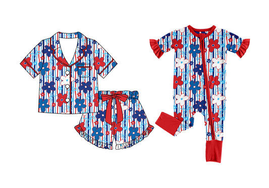 ( Moq 5 Each Style ) Baby Girls Kids Toddler Flower Bows Stripes Sibling 4th of July Zipper Romper Pajamas Set