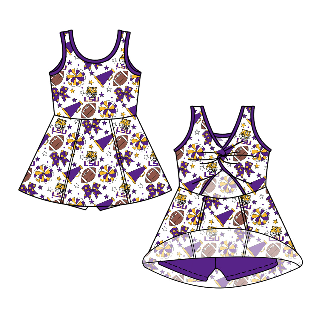 ( Moq 5 ) Baby Girls Toddler Sleeveless Tigers Bows Cheer Football Shorts Ruffle Dress Team Clothes