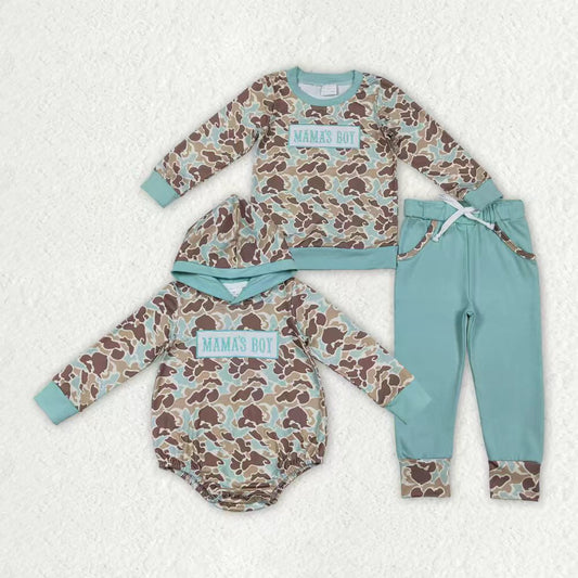 Sibling Baby Boys Kids Long Sleeves Embroidery Mama's Boy Camo Green Romper Set RTS