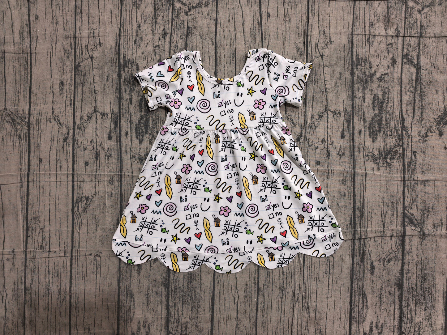 ( No moq ) Preorder Baby Girls Kids Short Sleeves Flower Back to School Scallop Dress Clothes