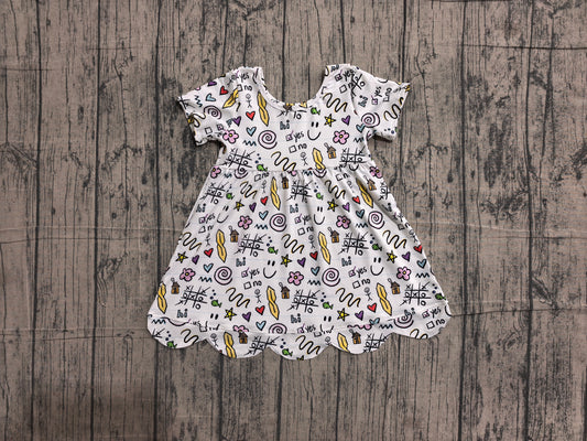 ( No moq ) Preorder Baby Girls Kids Short Sleeves Flower Back to School Scallop Dress Clothes