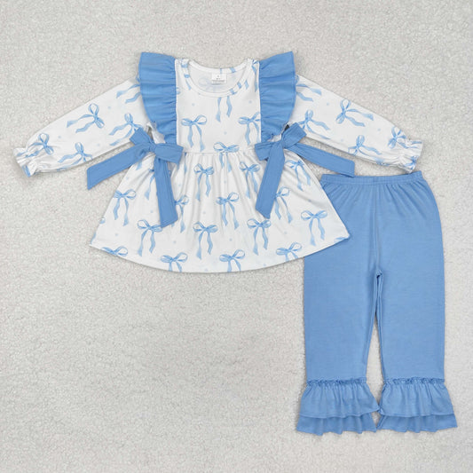 Baby Girl Long Sleeves Blue Bows Tunic Ruffle Cotton Pants Clothes Set