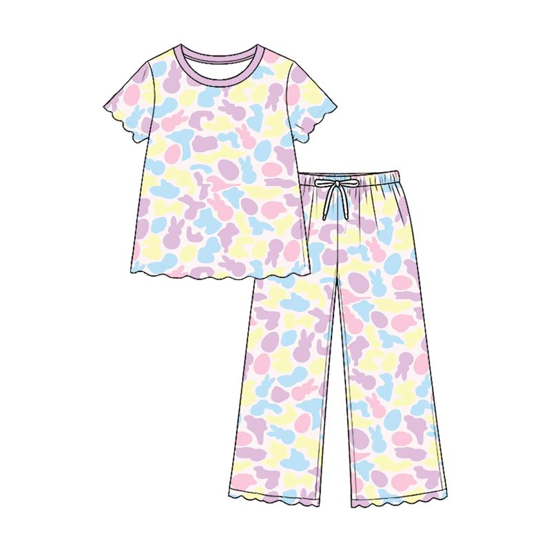 ( Moq 5 ) Preorder Baby Girls Kids Rabbits Camo Shirt Scallop Pants Easter Set Clothes
