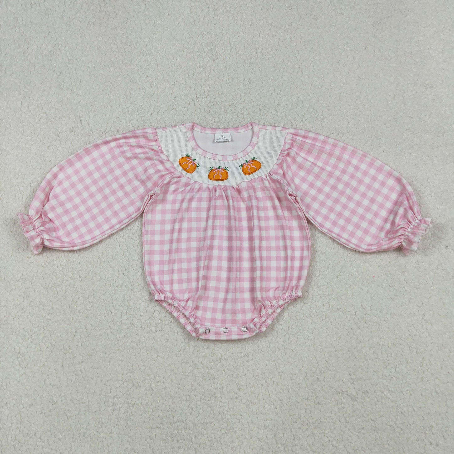 Baby Girl Long Sleeves Embroidery Pumpkin Bows Pink Checked Smocked Romper RTS