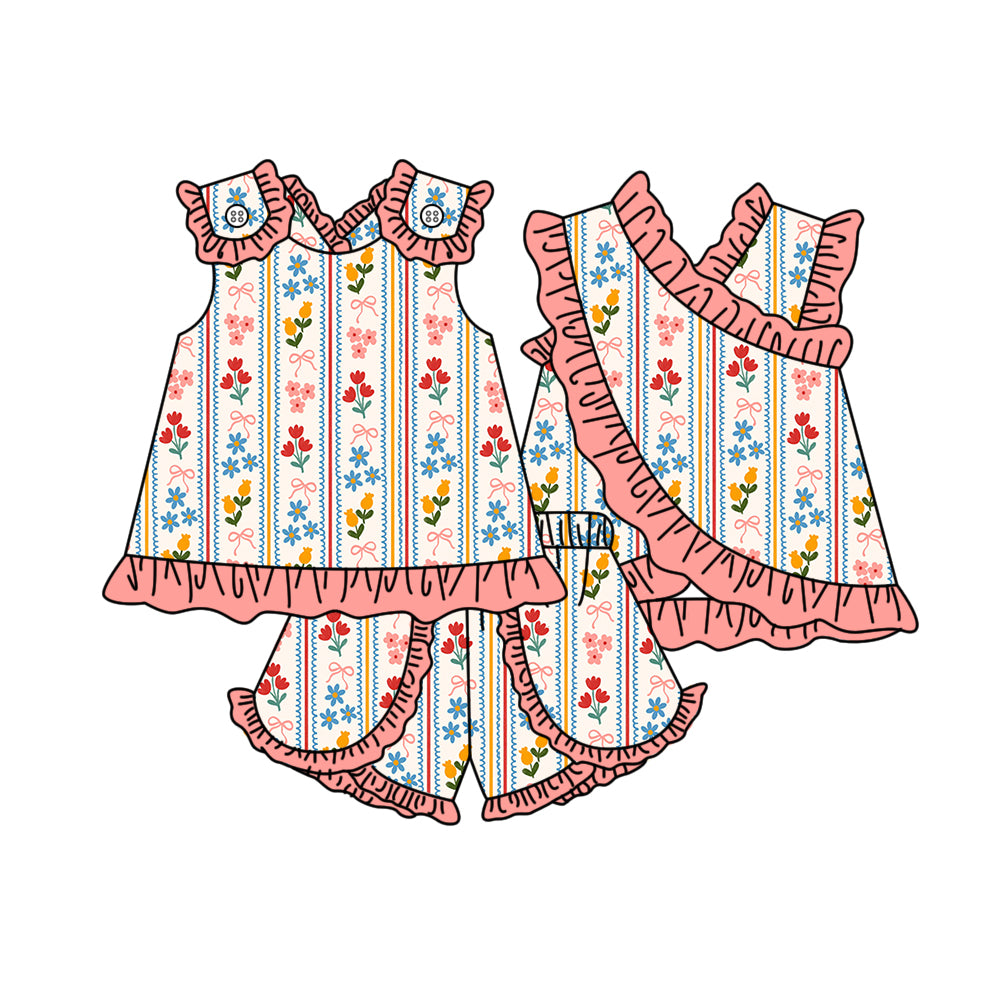 ( Moq 5 ) Preorder Baby Girl Kids Floral Bows Ruffle Tops Shorts Set Summer Clothes