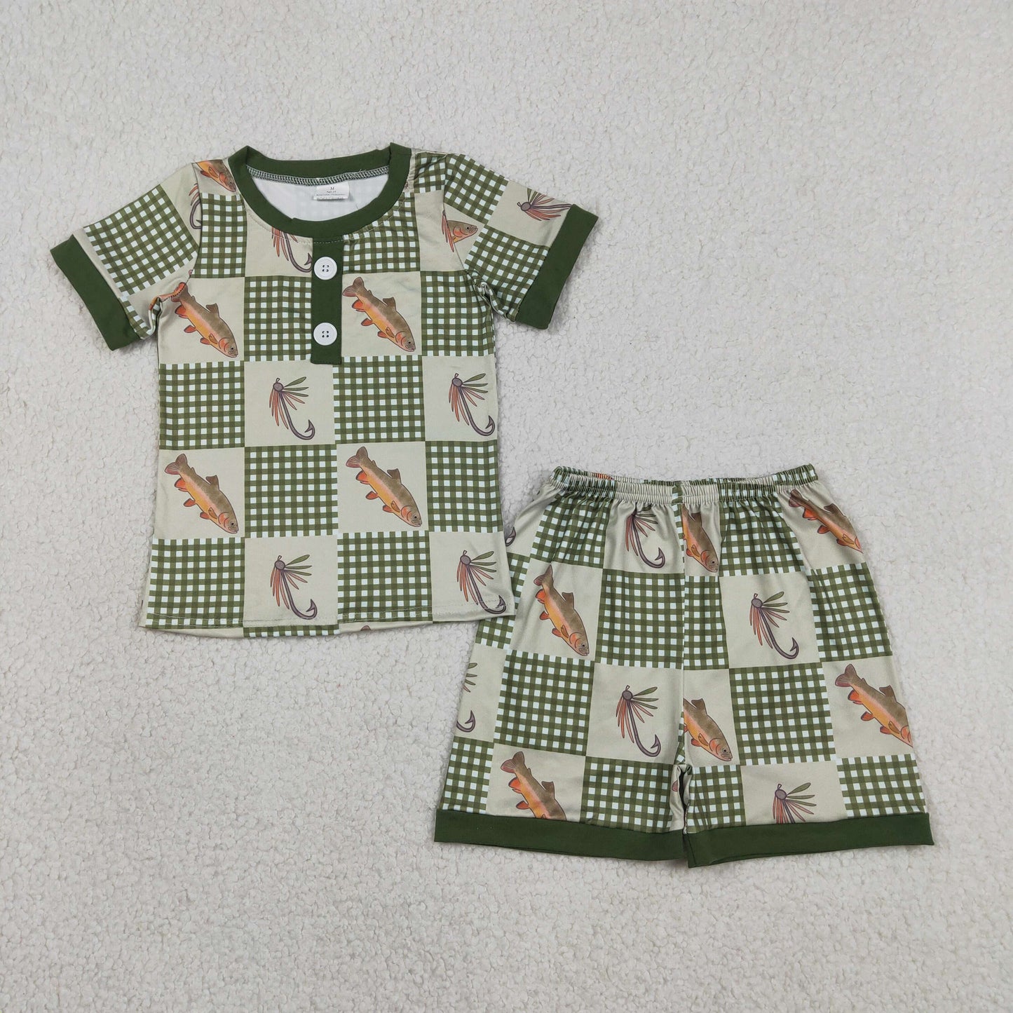 Baby Boys Kids Short Sleeves Fish Plaid Buttons Shirt Shorts Pajamas Set RTS