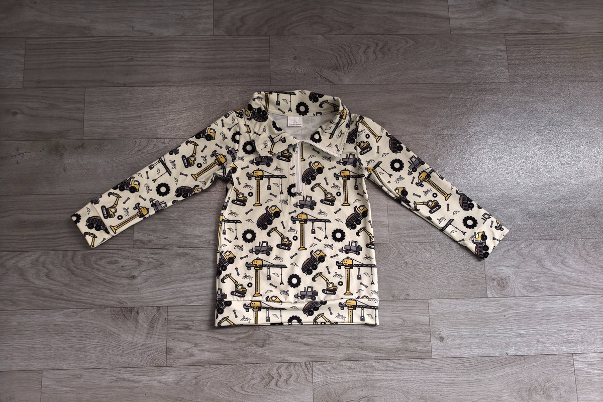 ( No moq ) Preorder Baby Boys Kids Long Sleeves Construction Trucks Zipper Pullover Shirt