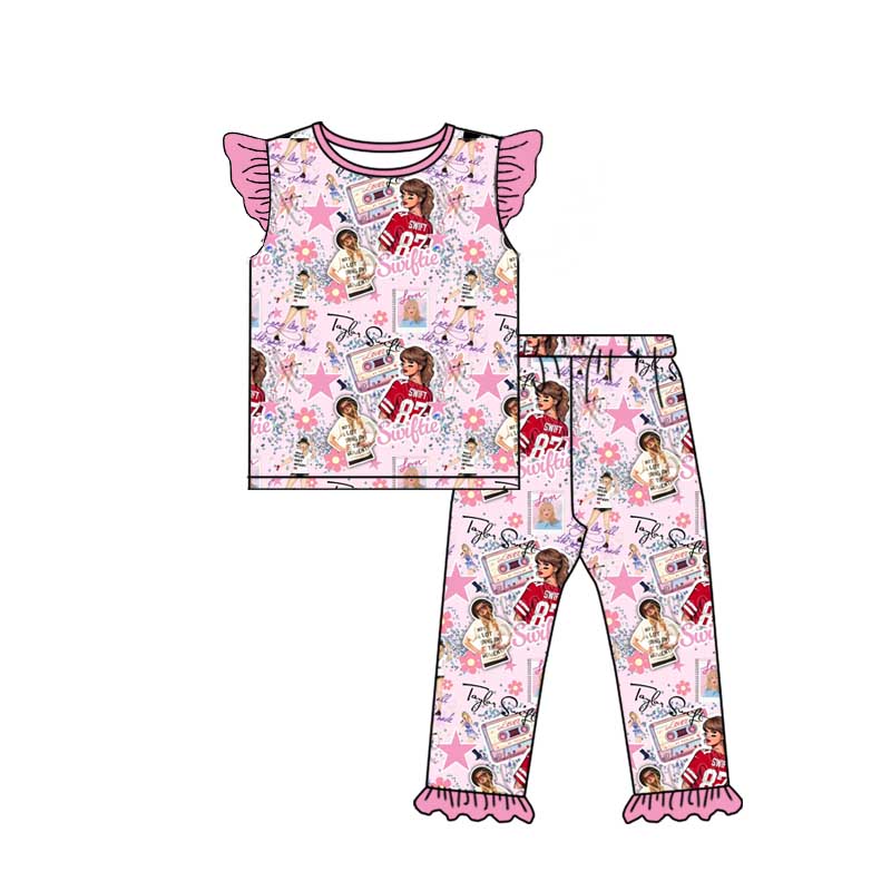 Baby Girl Short Sleeves Singer Flower Shirt Pants Pajamas Pink Set Moq 5