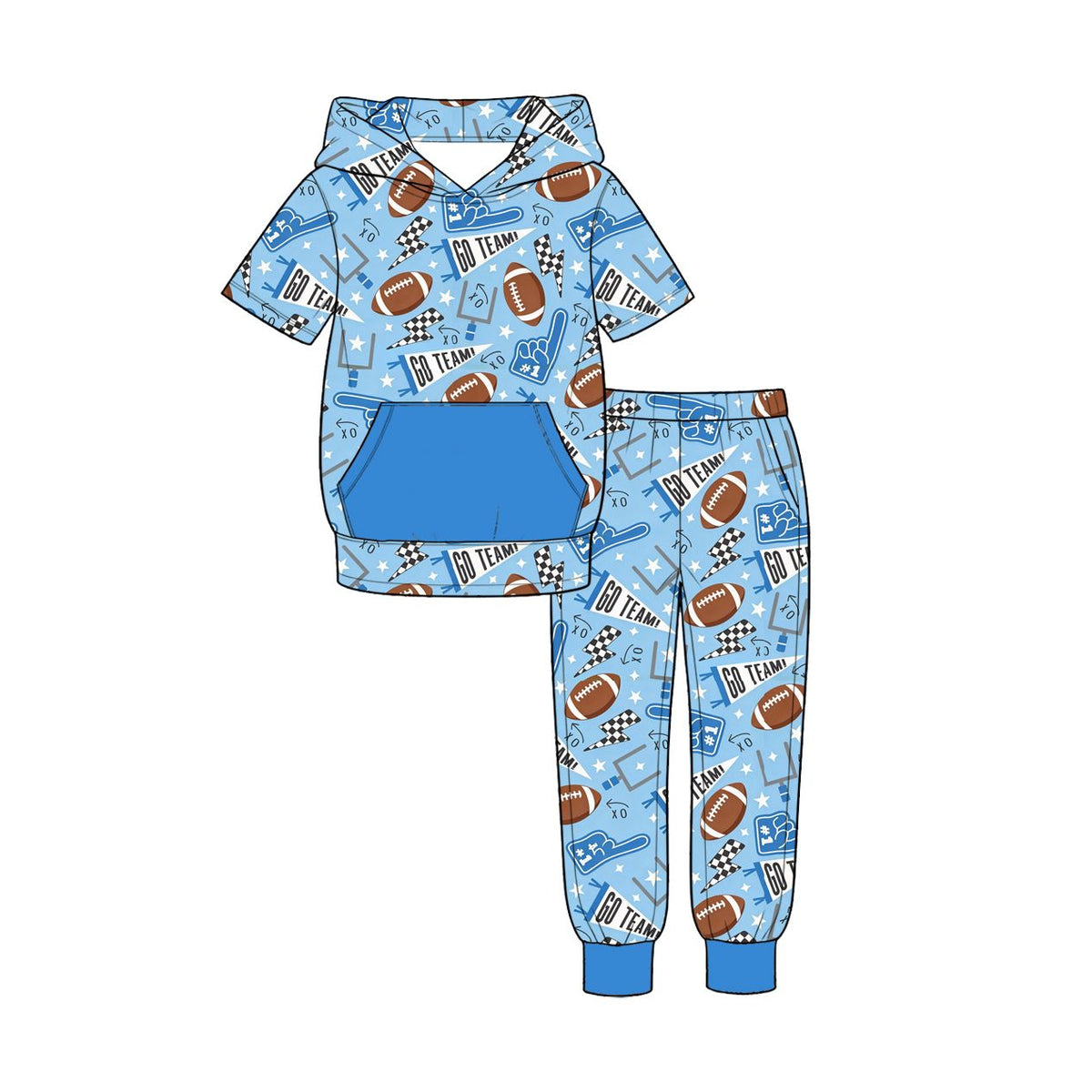 ( Moq 5 ) Preorder Baby Boys Kids Football Hoodie Shirt Pockets Pants Set Blue Clothes