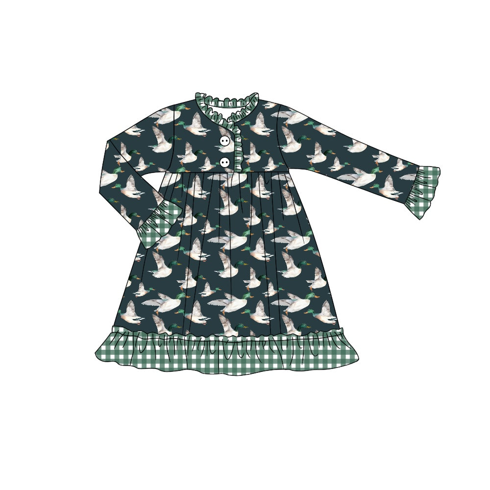 Moq 5 Baby Girl Duck Green Checkered Long Sleeves Dresses