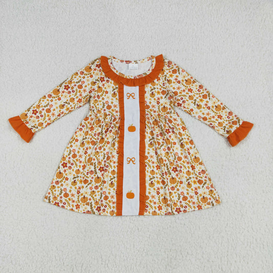 Baby Girl Long Sleeves Embroidery Bows Pumpkins Flower Fall Knee Length Dress RTS