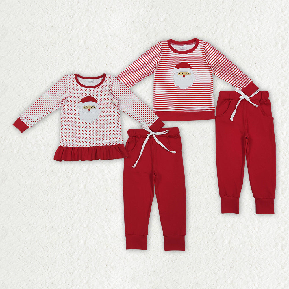 Sibling Baby Boys Girls Long Sleeves Embroidery Santa Shirt Pockets Red Pants Christmas Sets RTS