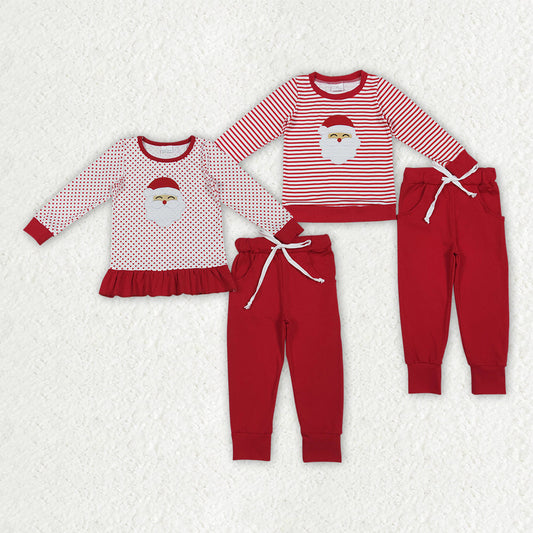 Sibling Baby Boys Girls Long Sleeves Embroidery Santa Shirt Pockets Red Pants Christmas Sets RTS