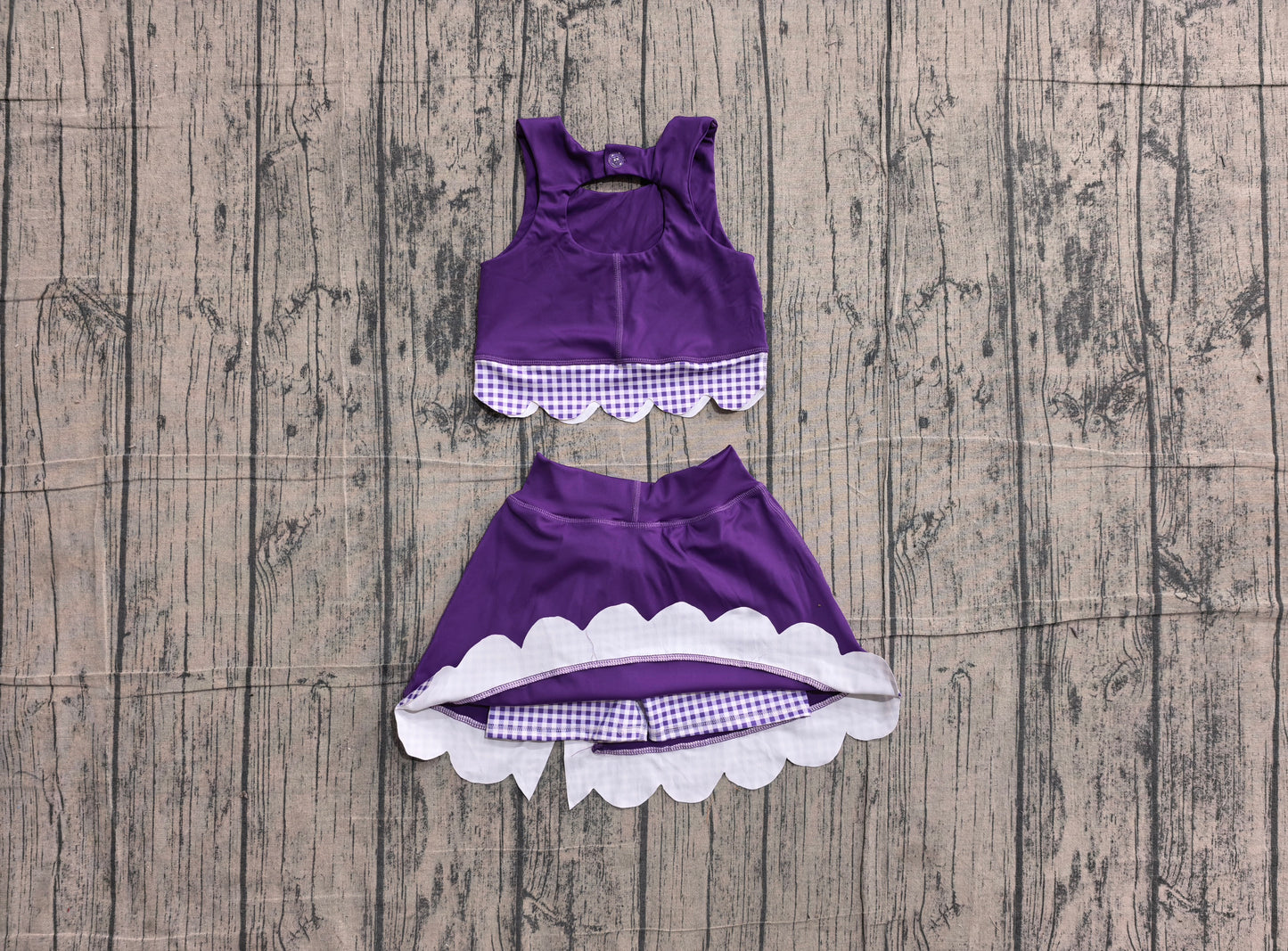 ( No moq ) Preorder Baby Girls Kids Scallop Shirt Purple Plaid Bows Skirt Shorts Set Yoga Active Clothes