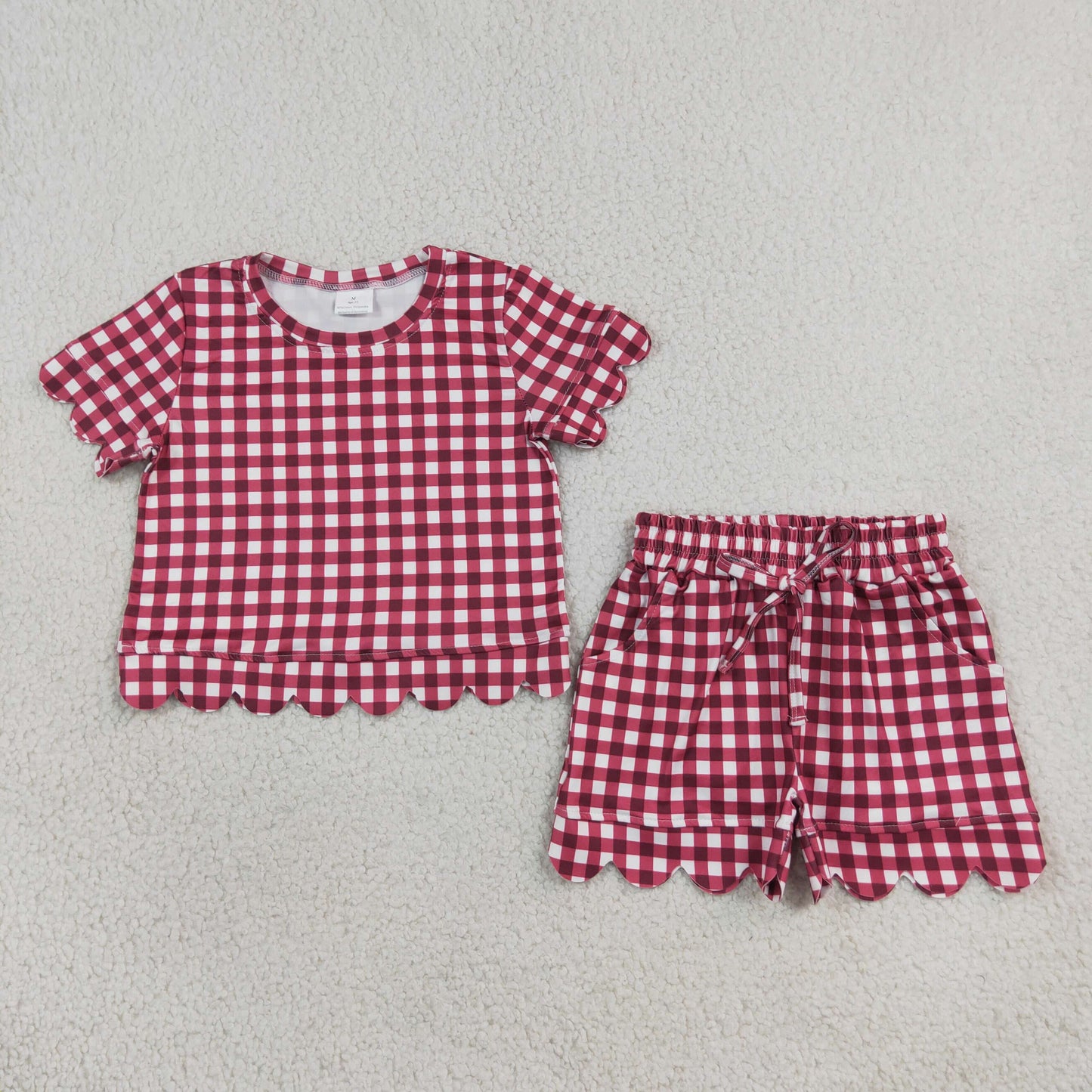 Baby Girls Kids Short Sleeves Red Plaid Shirt Scallop Shorts Set Clothes RTS