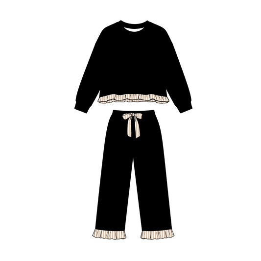 ( Moq 5 ) Preorder Baby Girls Kids Long Sleeves Shirt Pockets Pants Black Set Sweatsuit‌ Clothes