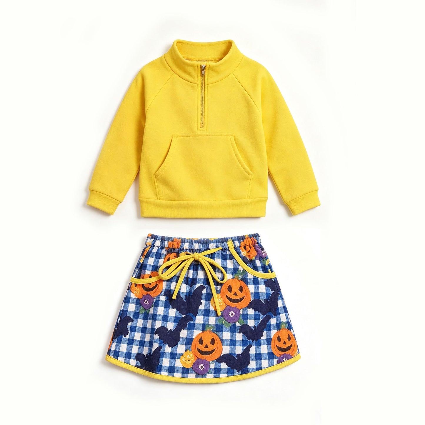 ( Moq 5 ) Preorder Baby Girls Kids Zipper Yellow Shirt Pumpkins Pockets Skirt Shorts Halloween Set Yoga Active Clothes