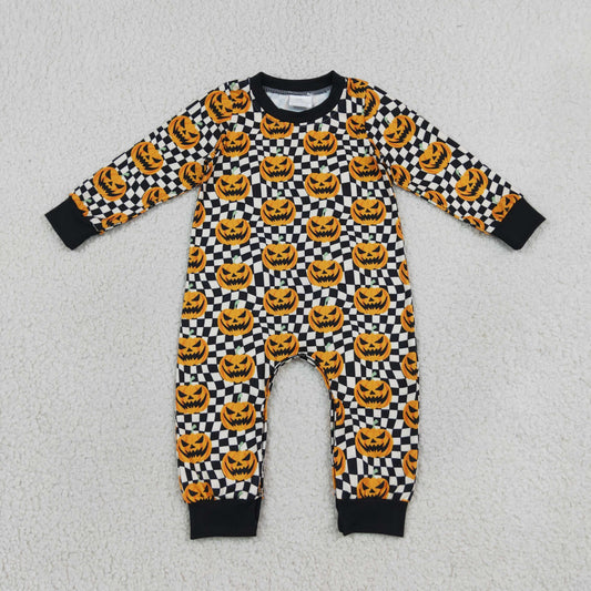 Baby Boys Infant Long Sleeves Halloween Pumpkins Checkered Romper