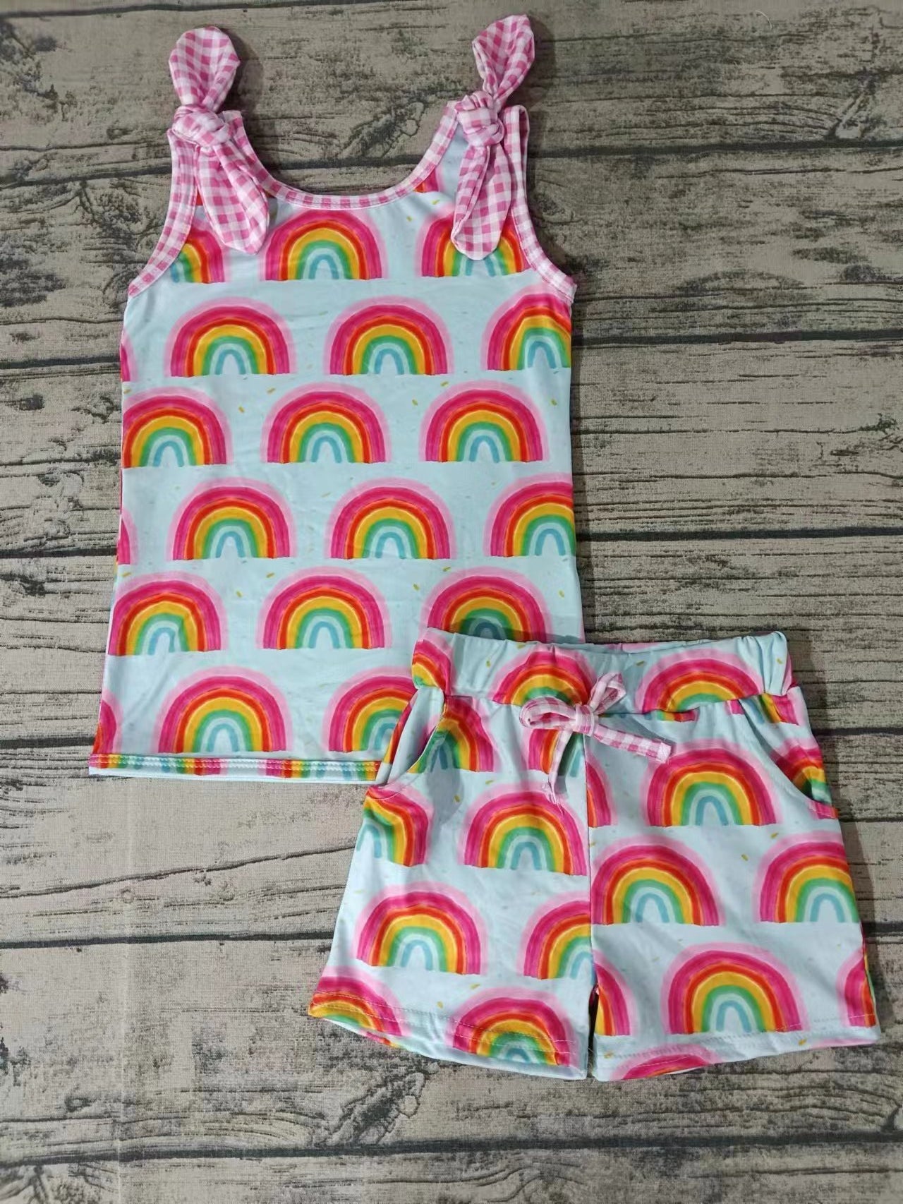 Moq 5 Baby Girl Sleeveless Rainbow Shirt Pocket Shorts Set