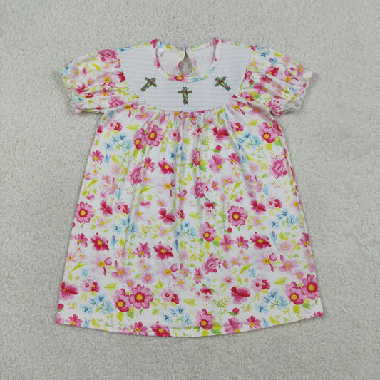 Baby Girls Short Sleeves Embroidery Crosses Pink Flower Easter Smocked Dress RTS