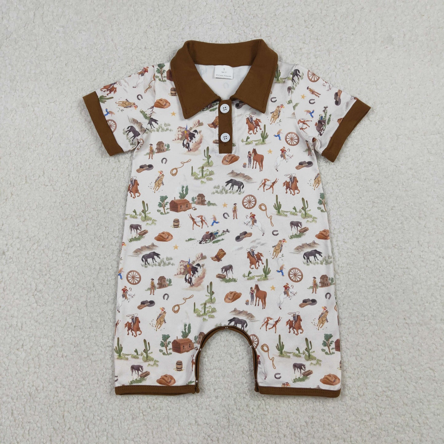 Baby Boys Kids Short Sleeves Western Rodeo Cactus Buttons Brown Romper RTS