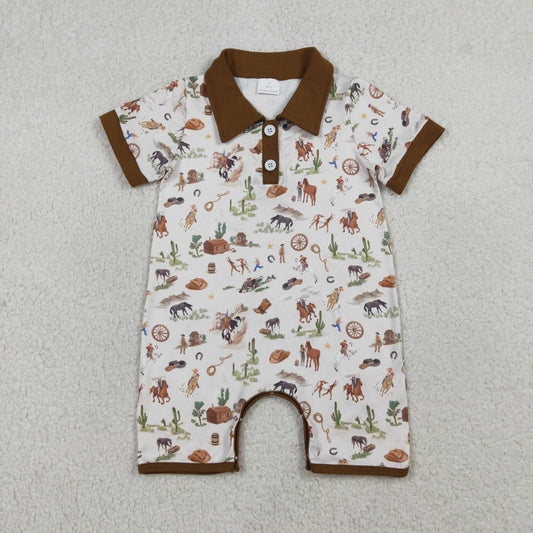 Baby Boys Kids Short Sleeves Western Rodeo Cactus Buttons Brown Romper RTS