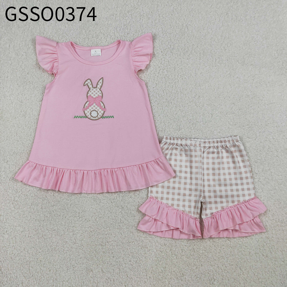 Sibling Baby Boys Girls Short Sleeves Embroidery Rabbit Tops Plaid Shorts Easter Sets RTS