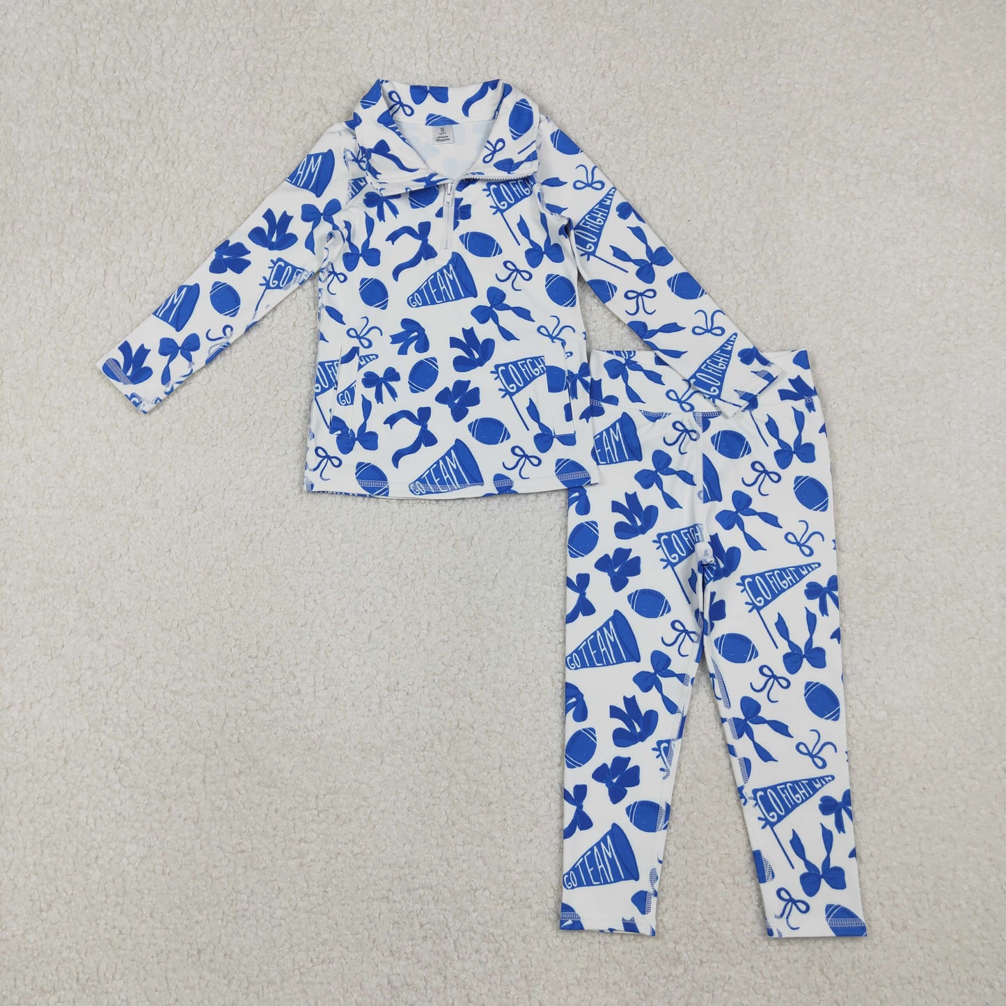 Kids Girls Blue Bows Pockets Zipper Shirt Pants Yoga Football Cheer Set RTS