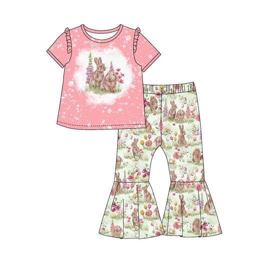 Baby Girl Pink Short Sleeves Easter Rabbit Shirt Bell Pants Set Moq 5