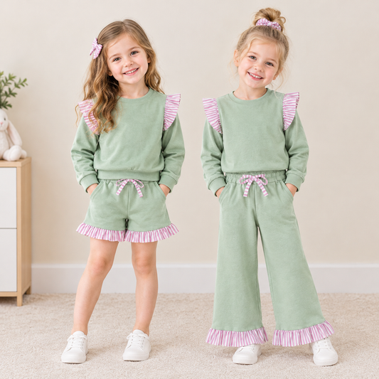 Sibling Baby Girls Kids Long Sleeves Shirts Pockets Shorts Pants Cotton Green Sets Clothes RTS