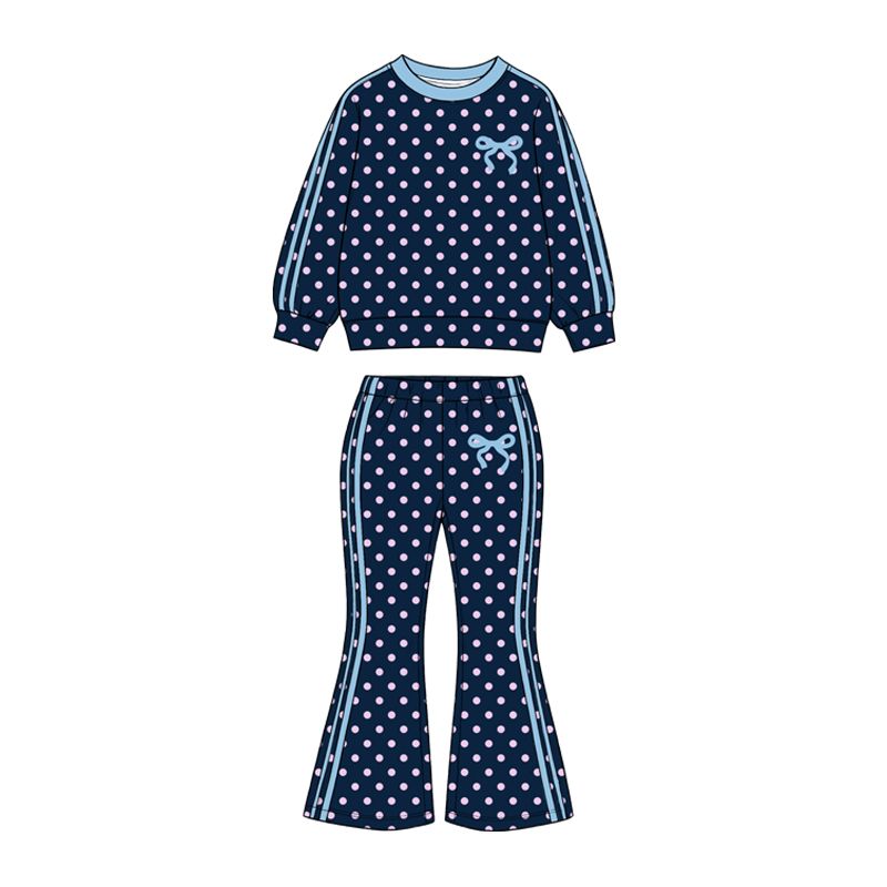 ( Moq 5 ) Preorder Baby Girls Kids Long Sleeves Pink Dots Shirt Pants Bows Set Navy Clothes