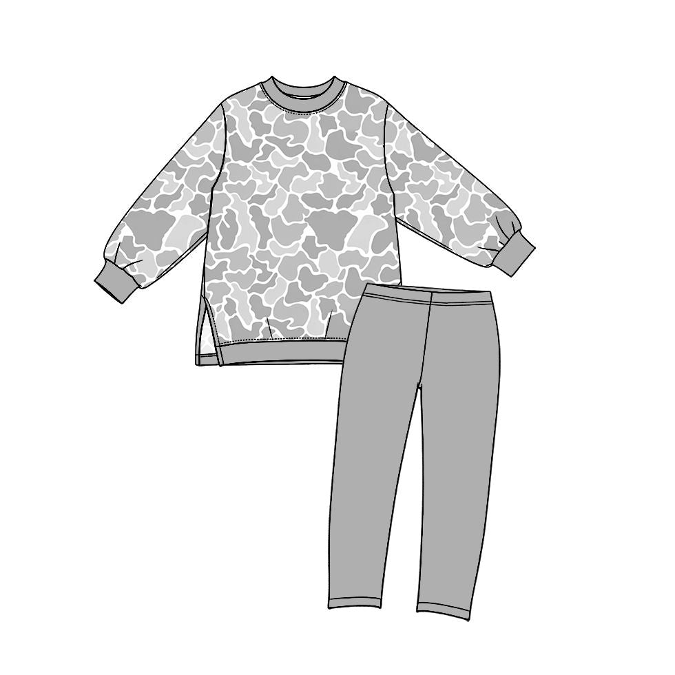 ( Moq 5 ) Preorder Baby Girls Kids Long Sleeves Camo Tops Grey Leggings Set Yoga Active Clothes