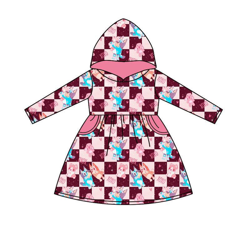 Baby Girl Long Sleeves Valentines Dogs Plaid Knee Length Dress Moq 5