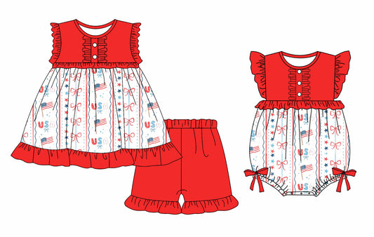 ( Moq 5 Each Style ) Baby Girls Kids Bows Flags Sibling 4th of July Romper Set