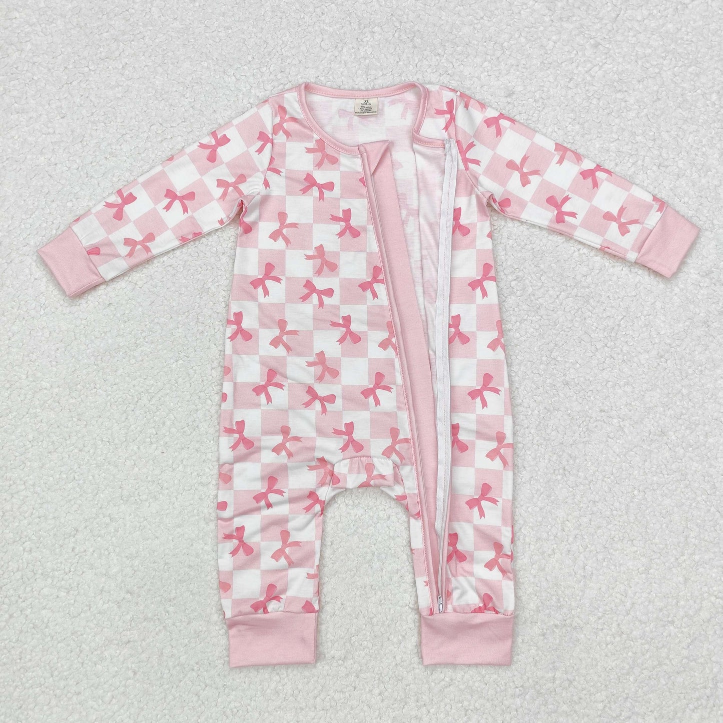 Baby Girl Long Sleeves Pink Checkered Bows Zipper Bamboo Romper